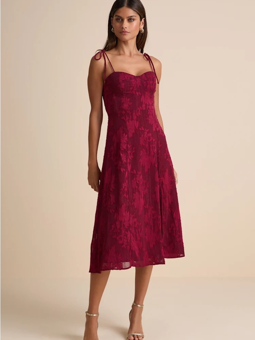 Lulus Loveliest Looks Burgundy Floral Jacquard Tie-Strap Midi Dress